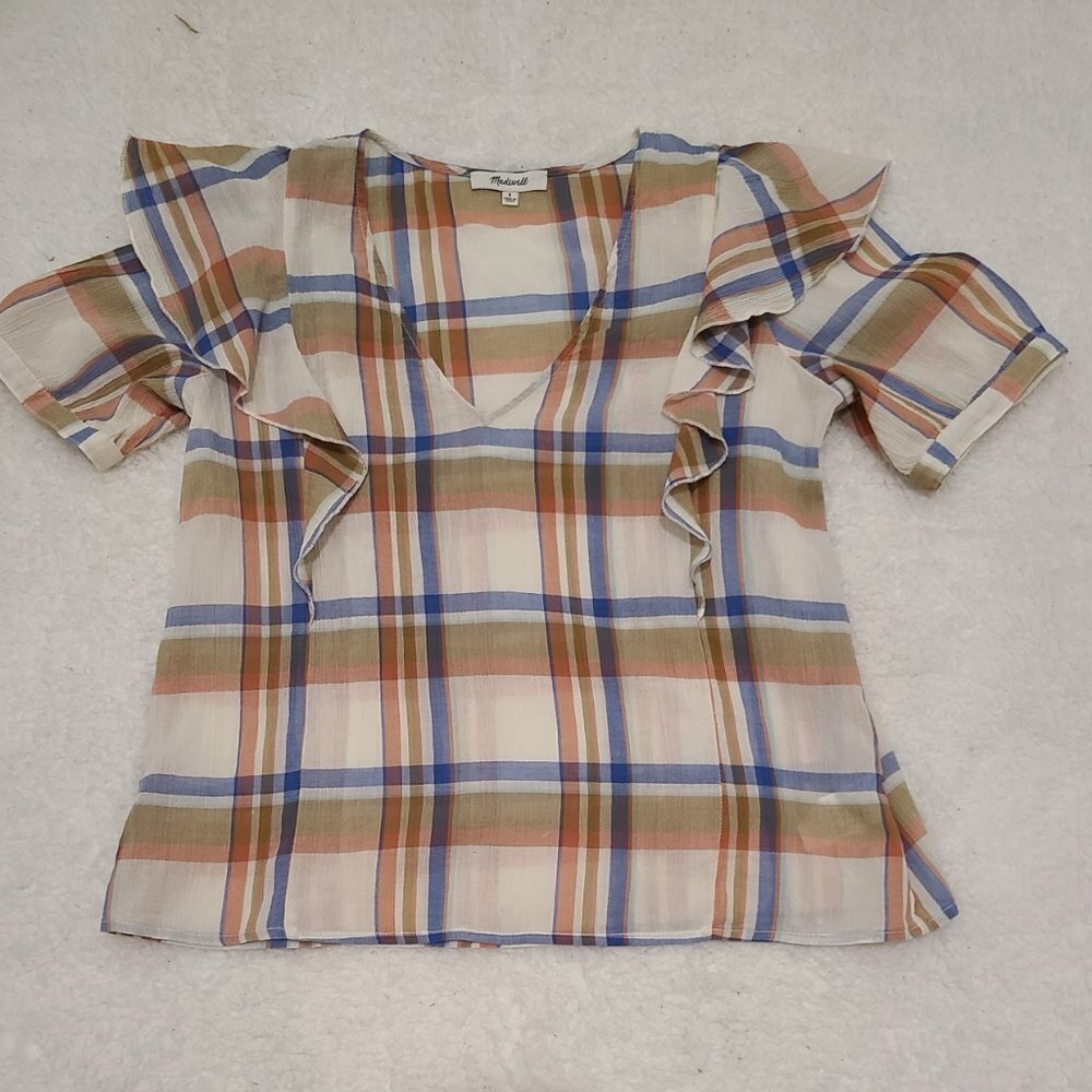 Madewell Plaid Short Sleeve V Neck Lightweight Shoulder Ruffle Top Small - Picture 5 of 7
